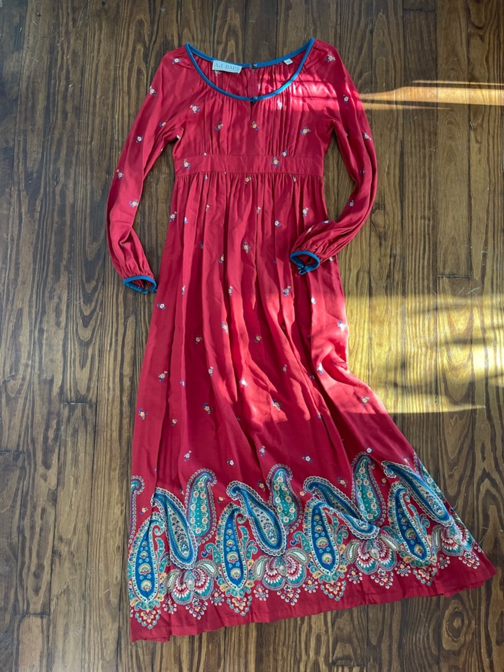 Vintage Long-Sleeve Maxi Dress with Paisley Hem